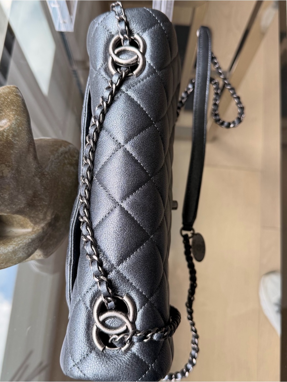 Authentic Chanel Classic Flap Bag Dark Silver Metallic Lambskin Silver Hardware - Picture 4 of 6